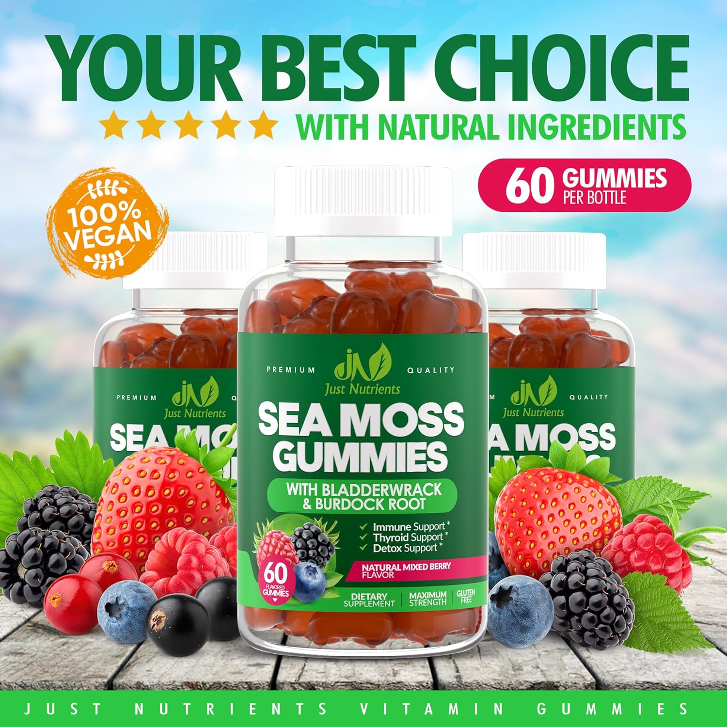 Sea Moss Gummies with Bladderwrack and Burdock Root - Natural Irish Sea Moss Superfood for Immune, Thyroid and Detox Support - Extra Strength for Men & Women - Gluten-Free, Vegan - 60 Gummies