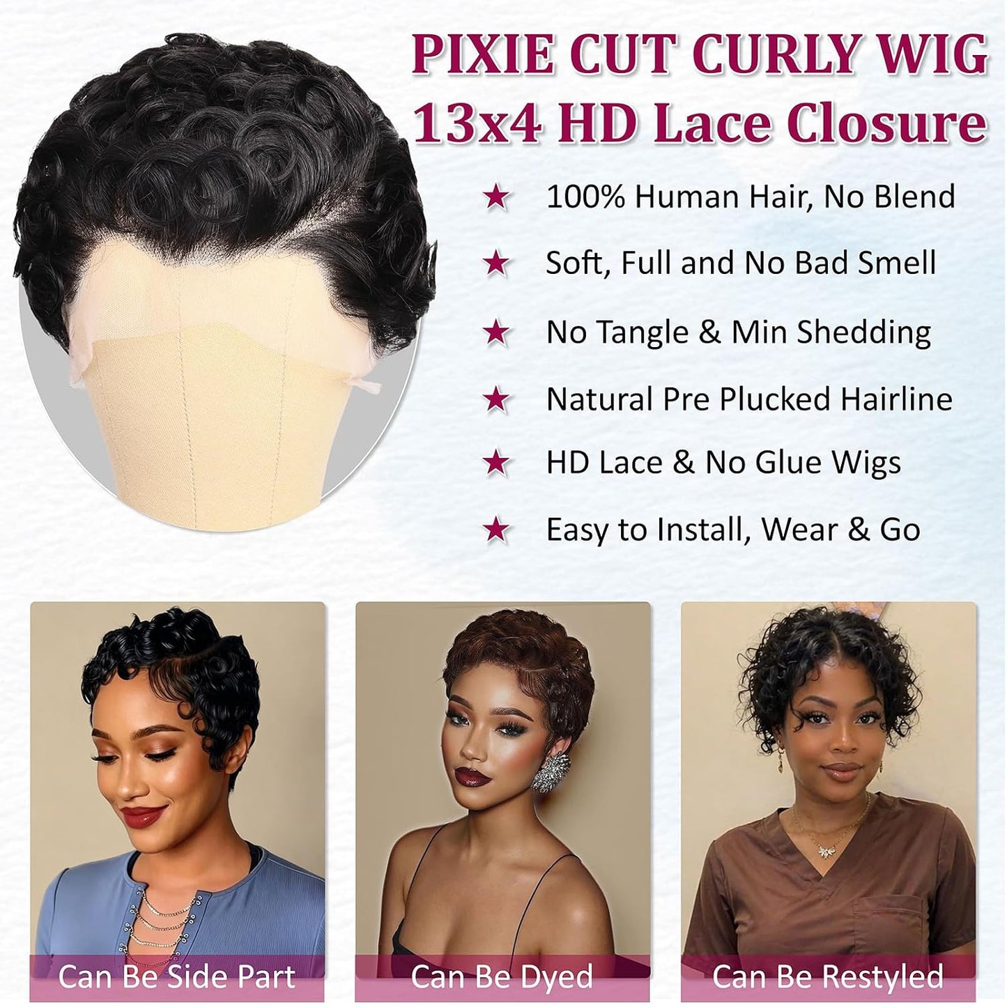 Curly Pixie Cut 13x4 Lace Front Human Hair Wigs for Black Women, Deep Wave Short Curly 13x4 HD Lace Frontal Wigs Layered No Glue Daily Wear Wig Pixie Cut 100% Human Hair Glueless Wigs, Natural Black