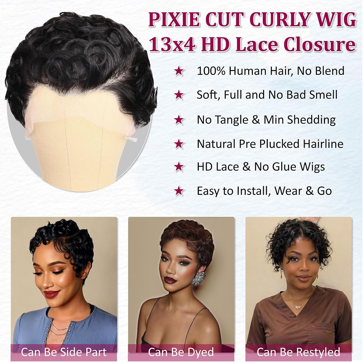 Curly Pixie Cut 13x4 Lace Front Human Hair Wigs for Black Women, Deep Wave Short Curly 13x4 HD Lace Frontal Wigs Layered No Glue Daily Wear Wig Pixie Cut 100% Human Hair Glueless Wigs, Natural Black