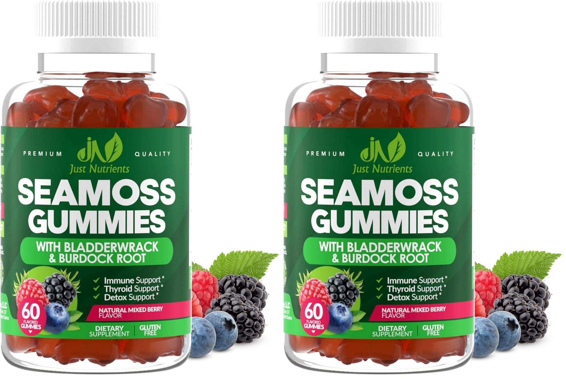 Sea Moss Gummies with Bladderwrack and Burdock Root - Natural Irish Sea Moss Superfood for Immune, Thyroid and Detox Support - Extra Strength for Men & Women - Gluten-Free, Vegan - 60 Gummies