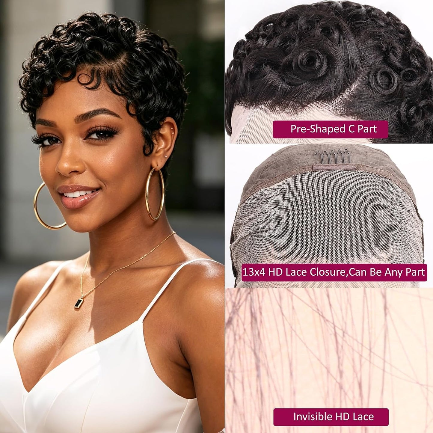 Curly Pixie Cut 13x4 Lace Front Human Hair Wigs for Black Women, Deep Wave Short Curly 13x4 HD Lace Frontal Wigs Layered No Glue Daily Wear Wig Pixie Cut 100% Human Hair Glueless Wigs, Natural Black