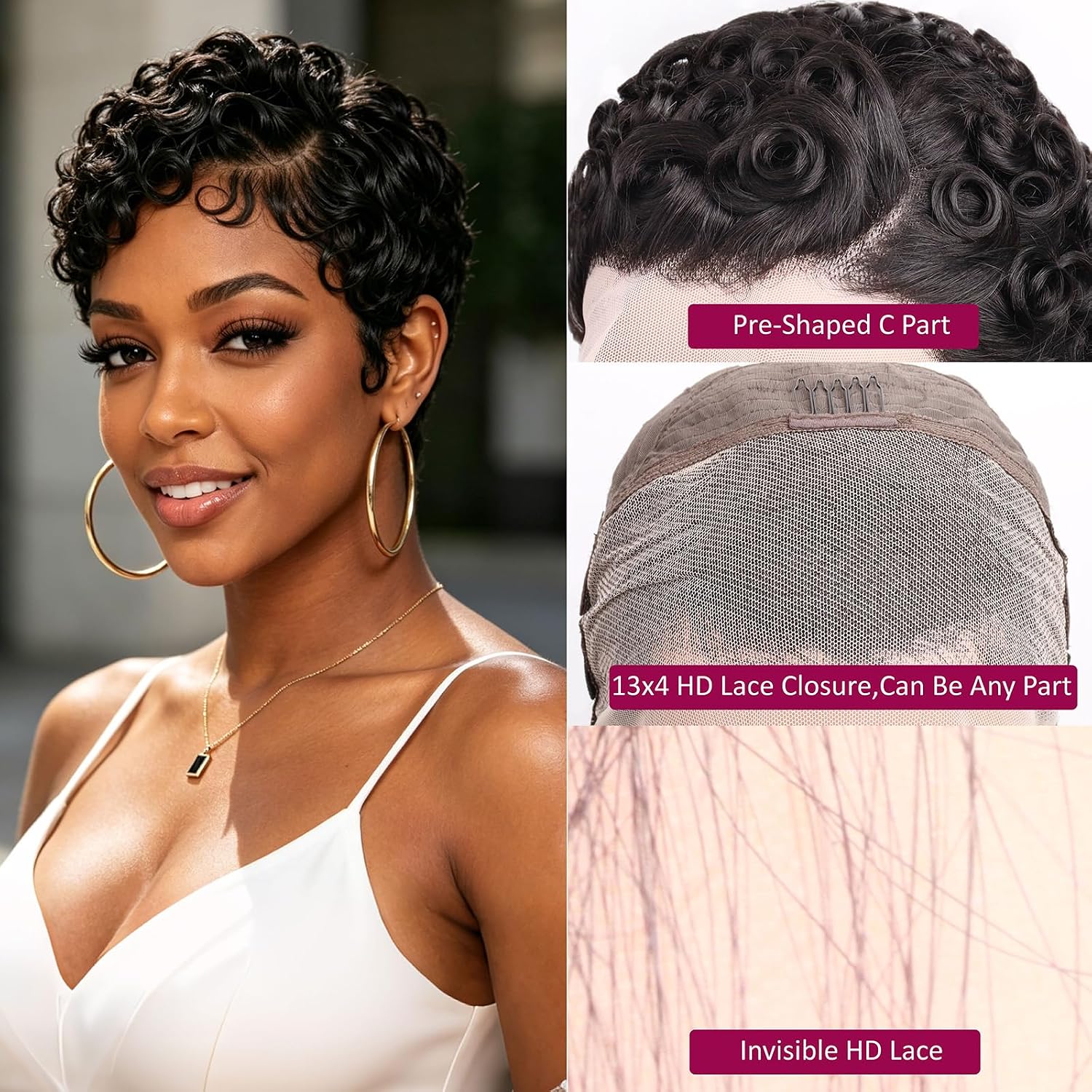 Curly Pixie Cut 13x4 Lace Front Human Hair Wigs for Black Women, Deep Wave Short Curly 13x4 HD Lace Frontal Wigs Layered No Glue Daily Wear Wig Pixie Cut 100% Human Hair Glueless Wigs, Natural Black