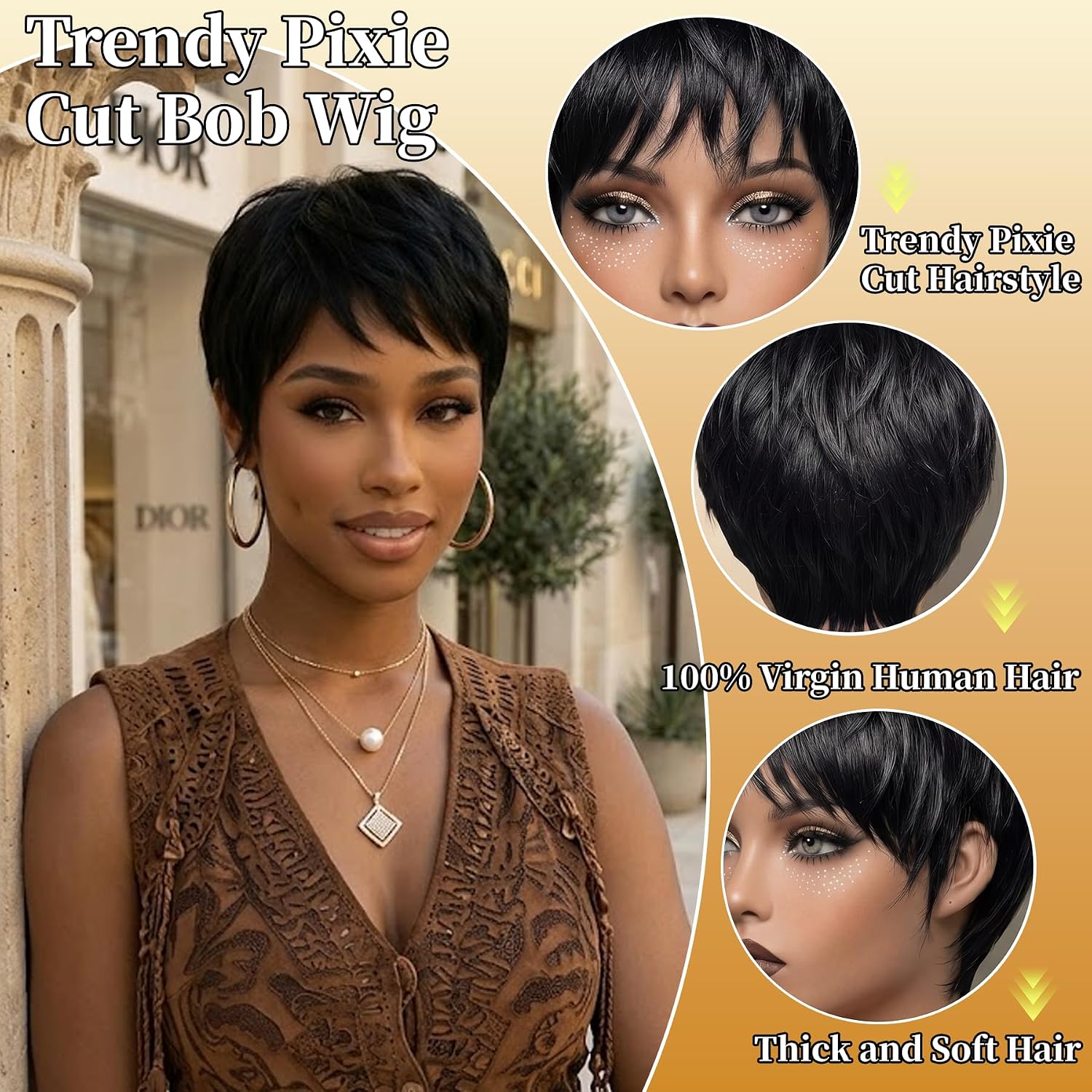 HANASCC Pixie Cut Wigs Human Hair for Black Women Glueless Short Bob Wig 100% Real Human Hair Lightweight Natural Black Straight 6 Inch