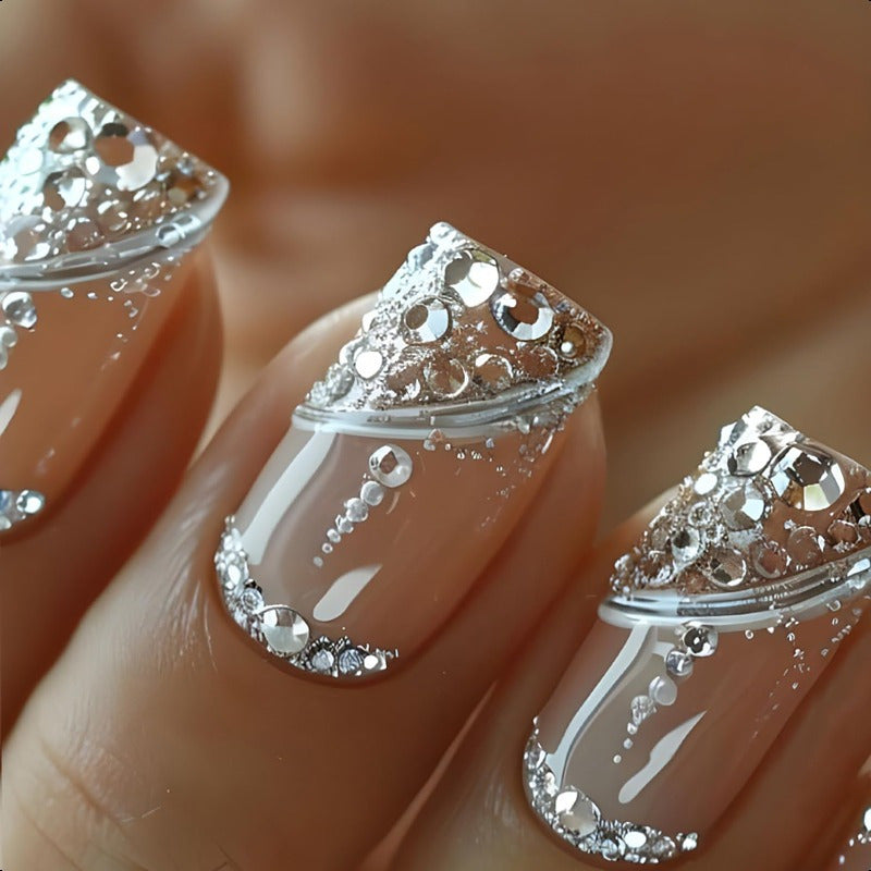 24pcs Square Press on Nails Rhinestone Fake Nails Glossy Nude Glue on Nails Full Cover False Nails Reusable Acrylic Nail Kit Cute Artificial Stick on Nails for Women DIY Manicure Decorations