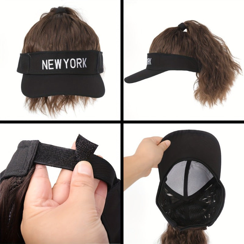 [Adjustable Baseball Cap] 1pc Adjustable Black Baseball Cap - Women's Synthetic Hair Visor Hat with Detachable Ponytail for Outdoor Sports and Fashion