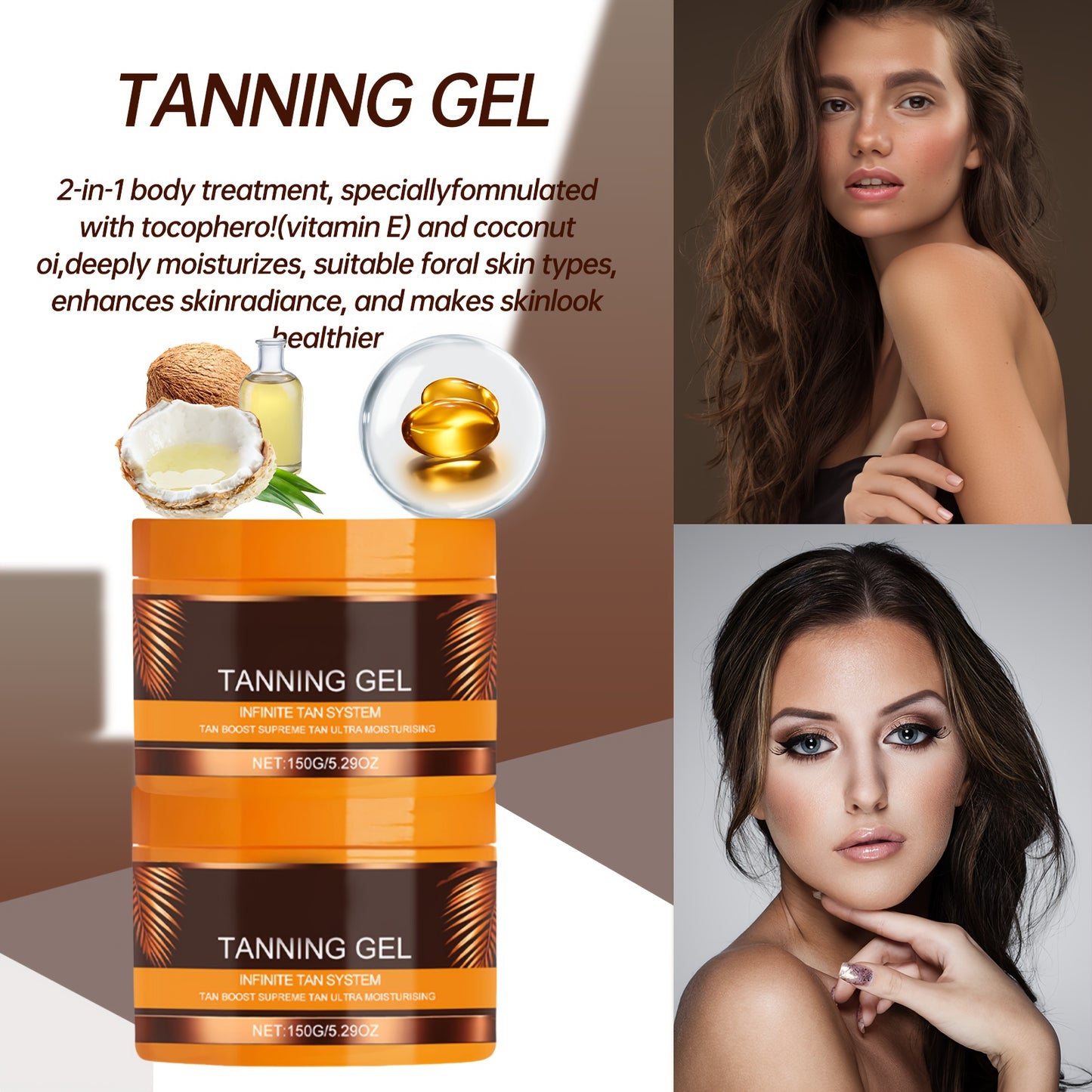 2pcs Dark-Colored Powerful Tanning Gel - Long-Lasting Moisturizing Sunless Tan with Carrot, Coconut & Walnut Oils, Calendula - Alcohol-Free Formula for All Light Beige Types, Rapid Color Development, Hydrating & Safe for Sens