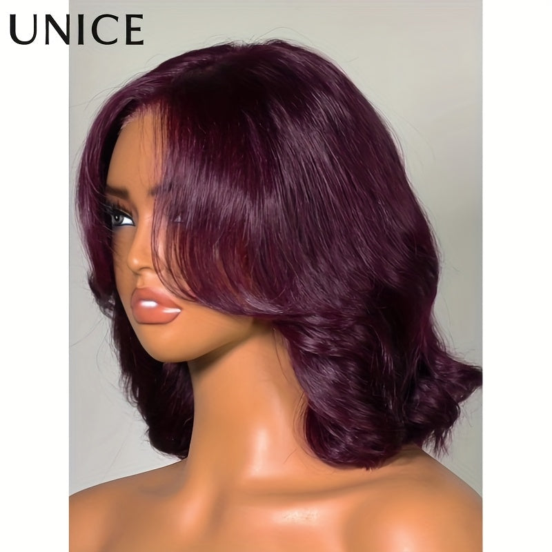Unice Burgundy 100% Human Hair Layered Glueless Bob Wig with Curtain Bangs - Soft & Silky Shoulder Length, 150% Density, Natural Brown Base & Burgundy Highlights, No Glue Needed, Comfortable & Easy Maintenance, Unisex for Men
