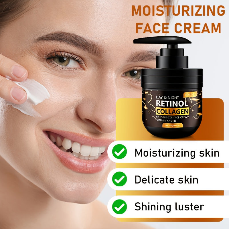 Retinol And Collagen Moisturizing Cream Enriched with Vitamin C And Hyaluronic Acid Provides Deep Hydration, Instantly Tightens And Lifts, And Enhances Skin Brightness. Suitable for All Skin Types, It Can Be Used Both Day And