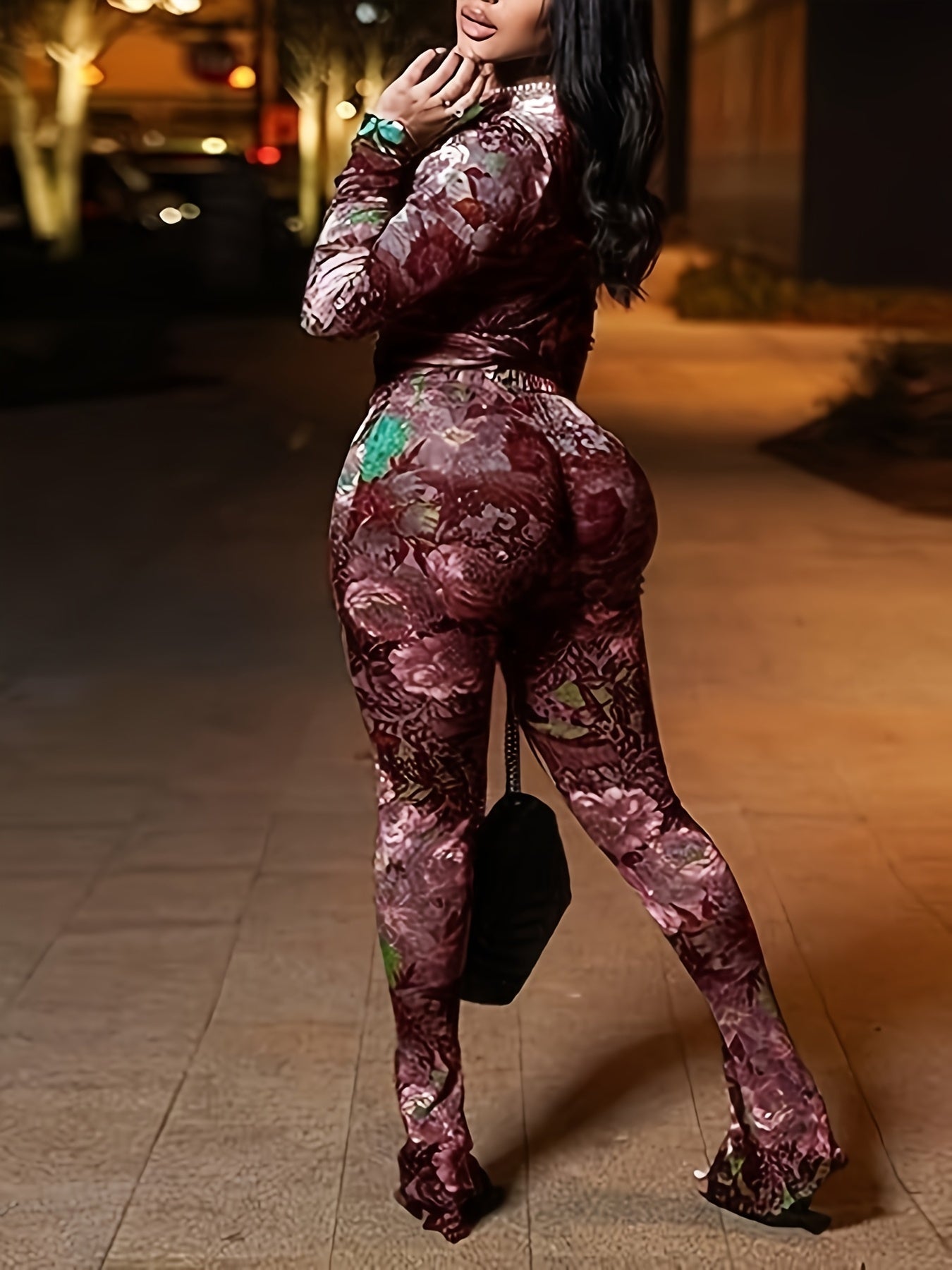 Women Two Piece Set Floral Print See-Through Mesh Long Sleeve Round Neck Top and Pants Set Long Sleeve Round Neck Cropped Top and High Waist Flared Pants Set Y2K Style Suitable for Leisure, Party, Festival