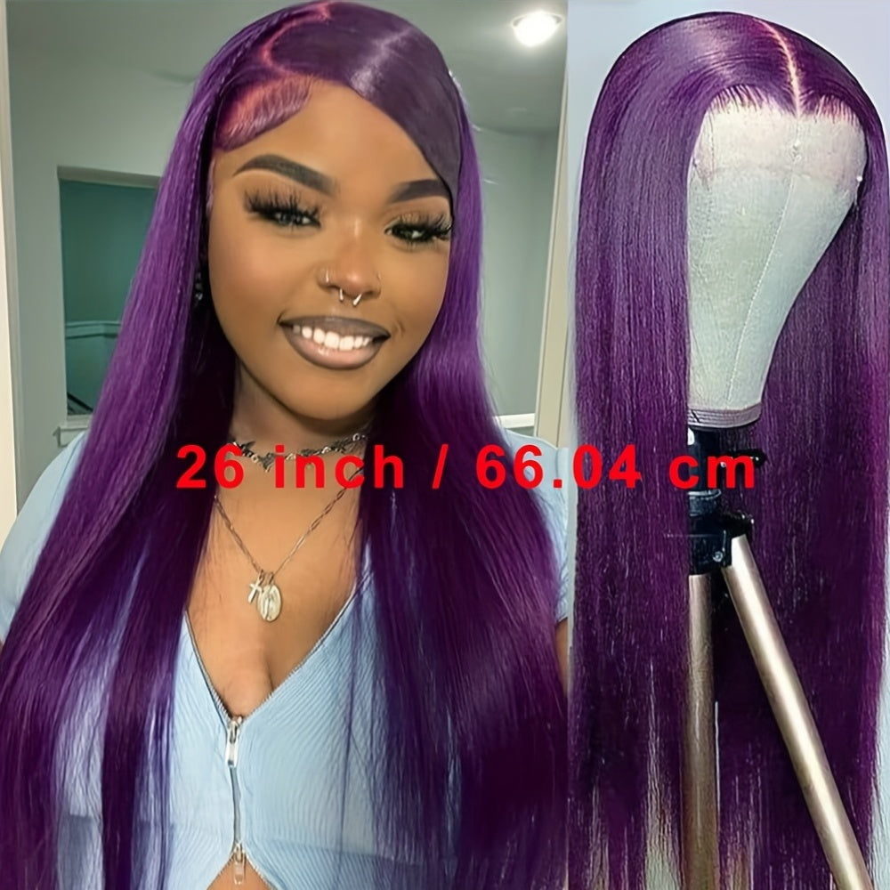 26 Inch Dark Purple Lace Front Wigs for Women Pre Plucked Hair Line Free Parting Heat Resistant Long Straight Soft Wig Glueless Hair Replacement Wigs for Party Daily Use 180% Density