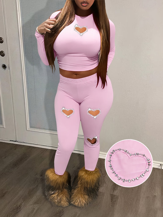 LovelyWholesale Local Valentine's Day Heart Diamond Sweatpants Set, Women's Valentine Gift Outfit