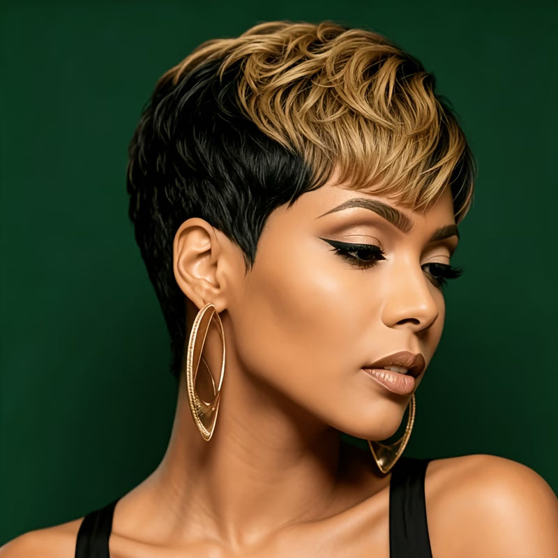 Women's Short Straight Pixie Cut Human Hair Wig with Bangs - 1B/30# Blonde Machine-Made Full Wig Suitable for Holiday/Party & Casual Attire, Density Hairpiece for Bald, Elastic for All Skin Tones