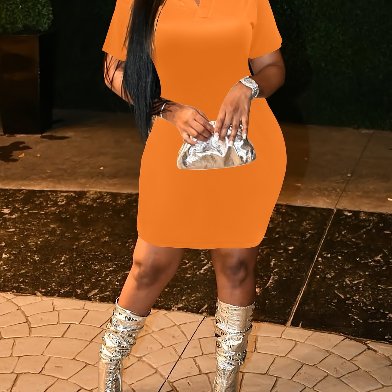 Plus Size Short Sleeve Dress for Women Summer V Neck Bodycon Mini DressCasual Fashion Curve Dress