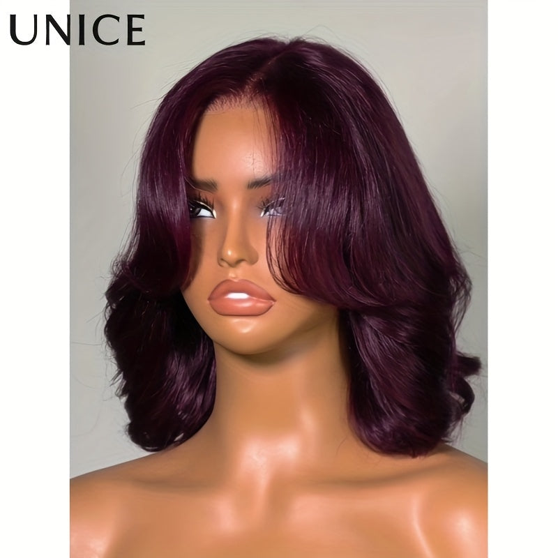 Unice Burgundy 100% Human Hair Layered Glueless Bob Wig with Curtain Bangs - Soft & Silky Shoulder Length, 150% Density, Natural Brown Base & Burgundy Highlights, No Glue Needed, Comfortable & Easy Maintenance, Unisex for Men