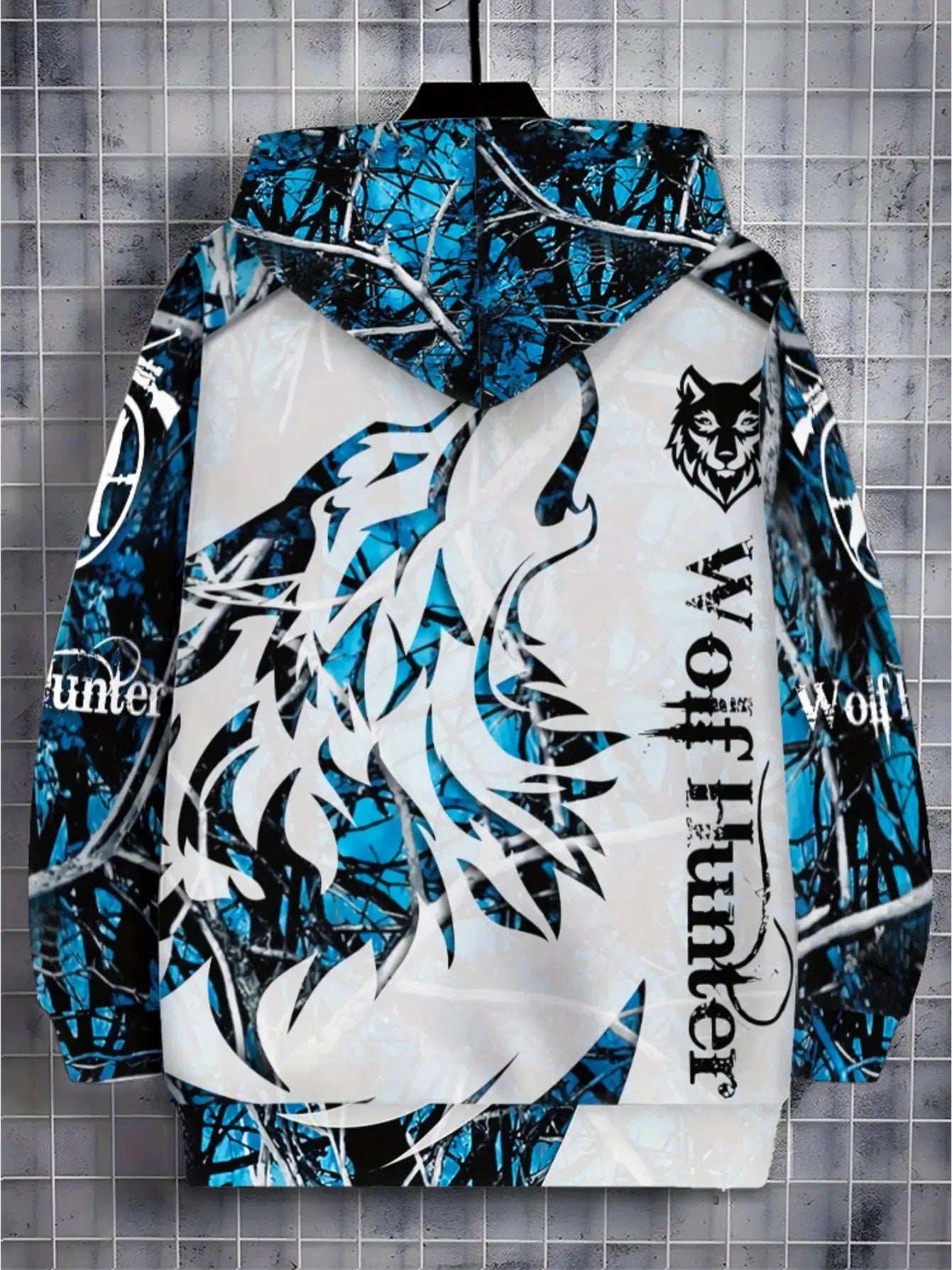 Men's Wolf Print Full-Zip Hoodie Jacket - Turquoise Blue/Black/White Winter Warm Coat with Wolf Logo, Loose Fit Casual Outdoor Sportswear, Machine Washable Full-Zipper Hooded Sweatshirt for Autumn & Cold Weather, PLUS SIZE