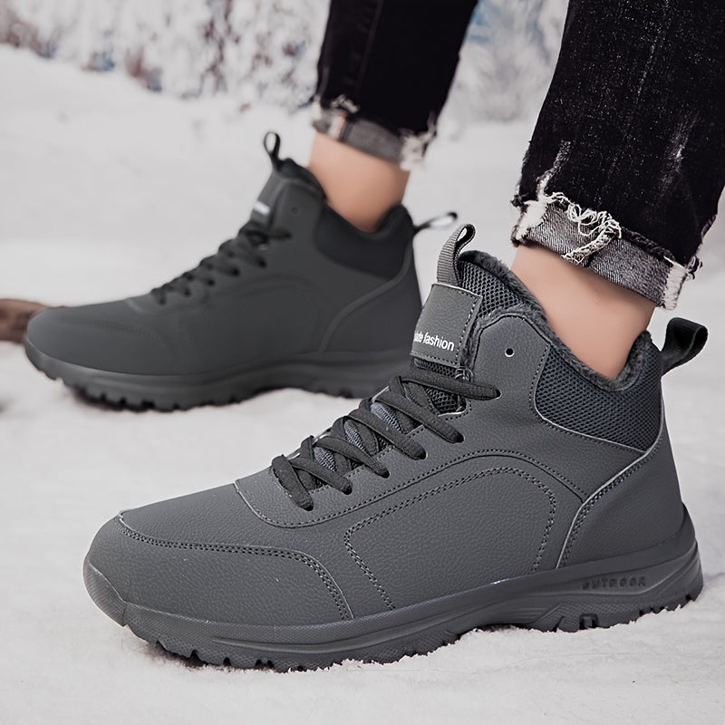 Men's Winter High-Top Sneakers - Warm & Lightweight Thermal Shoes with Fuzzy Collar, Non-Slip MD Sole & PU Upper, Lace-Up Ankle for Outdoor, Travel, Walking - Black - Ideal for Cold Weather & Snow - Casual Winter Boots for Me