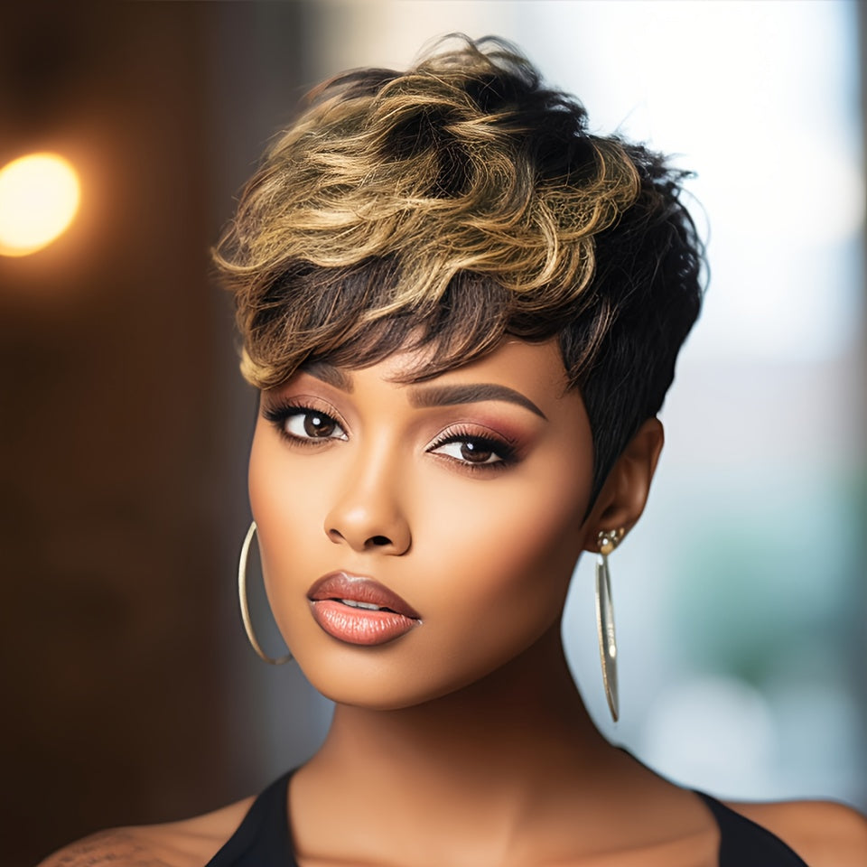 Women'S Remy Peruvian Human Hair Wig with Bangs - Layered Short Straight Pixie Cut, Natural Brown Balayage Highlights (1B/30#), Density Full Head