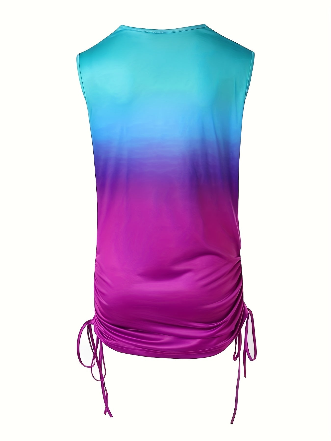 Plus Size, Plus Size Women's Gradient Color Sleeveless V-Neck Top - Turquoise to Purple Ombre Stretchy Ruching Blouse with Adjustable Drawstring Waist, Machine Washable Summer Casual Chic Shirt, Smooth Texture & Stylish Comfo
