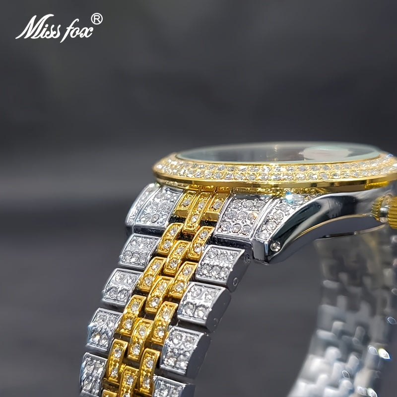 Men's Luxury Hip-Hop Watch with Sparkling Rhinestones, Quartz Movement & Date Calendar - Golden-Tone Metal -Accented Band, Battery-Powered for Parties, Dates, Valentine's Day Gifts, Hip Hop Jewelry, Date Night Watch, Rhinesto