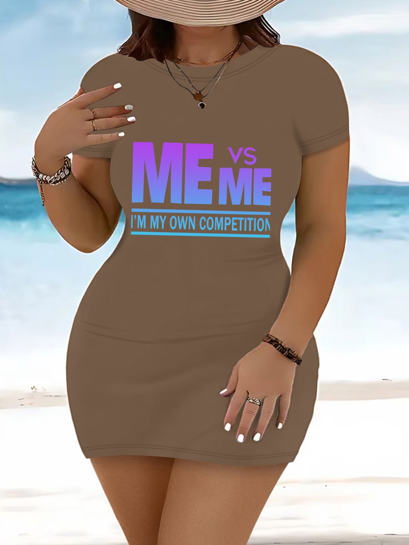 Plus-Size Women'S Fashion Letter Print Casual Sporty Fitted T-Shirt Dress Bodycon Dress