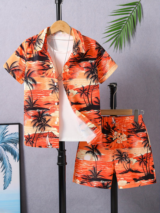 2-Pack (Set) Boys Sunset Coconut Tree Pattern Print Short Sleeve Lapel Shirt And Shorts Set, Comfortable Summer Boys Daily And Outdoor Wear, for Outdoor