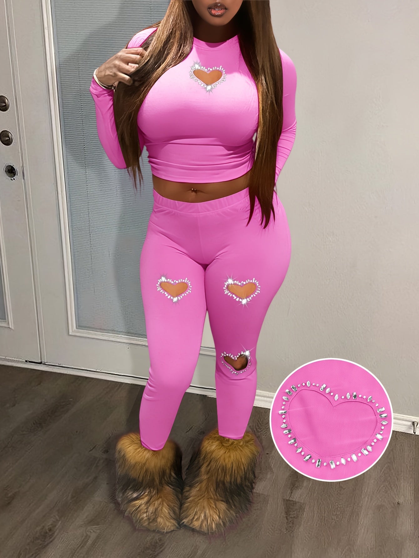 LovelyWholesale Local Valentine's Day Heart Diamond Sweatpants Set, Women's Valentine Gift Outfit