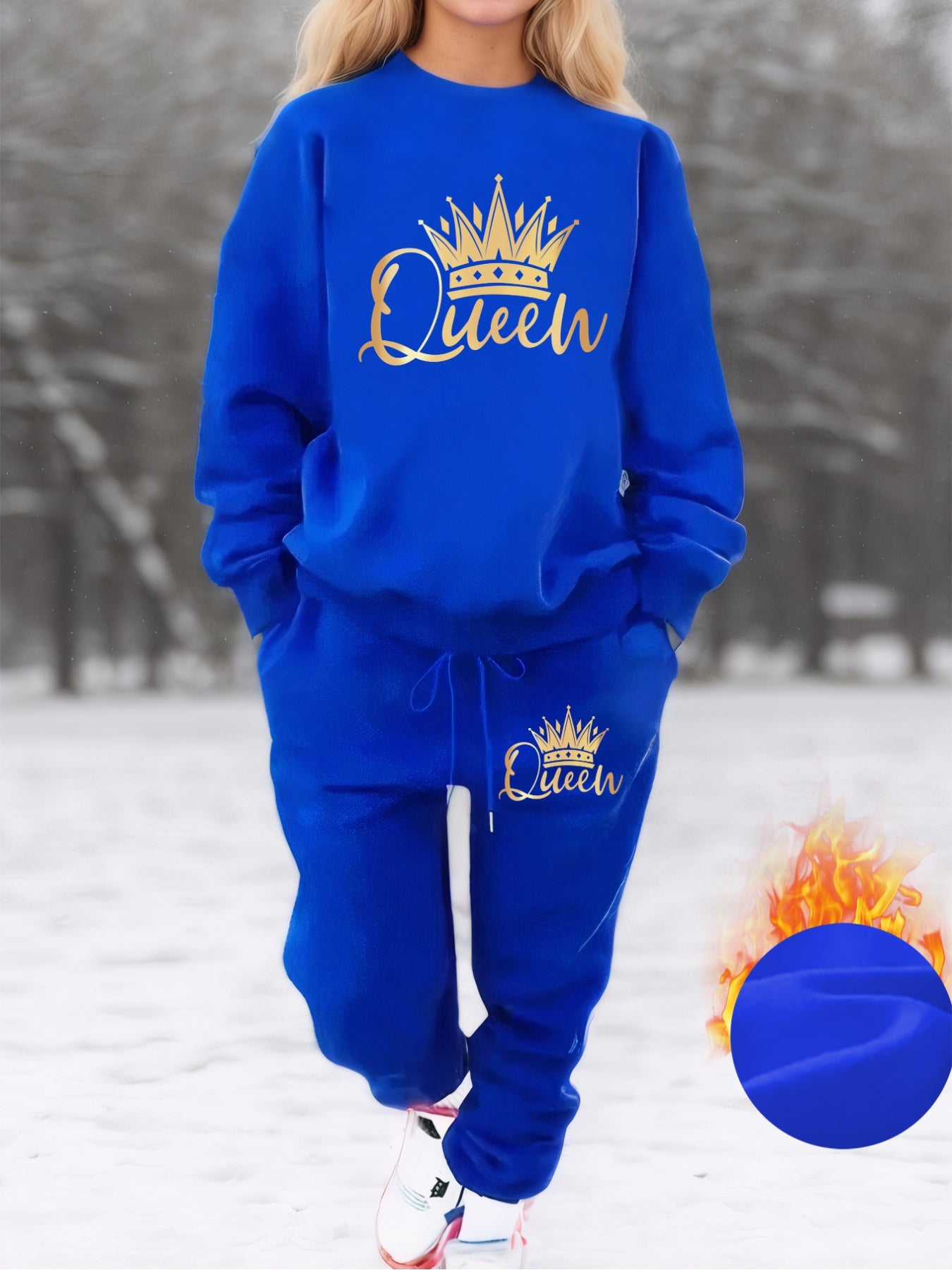 Plus Size, Autumn/Winter Plus Size Women's -Lined Sweatshirt Set with Queen Crown Print, Round Neck Long Sleeve Sweatshirt and Drawstring Pocket Pants, Casual Streetwear Winter Women's Sweatshirt Two-Piece Set