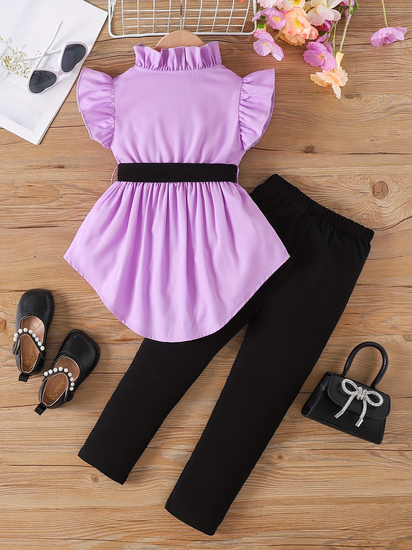 Outdoor Two-Piece Set for Girls, Fashionable Spring/Summer Contrast Belt Flutter Sleeve Half Cardigan with Tie-Waist and Peplum Backless Top + Long Pants, Perfect for Outdoor