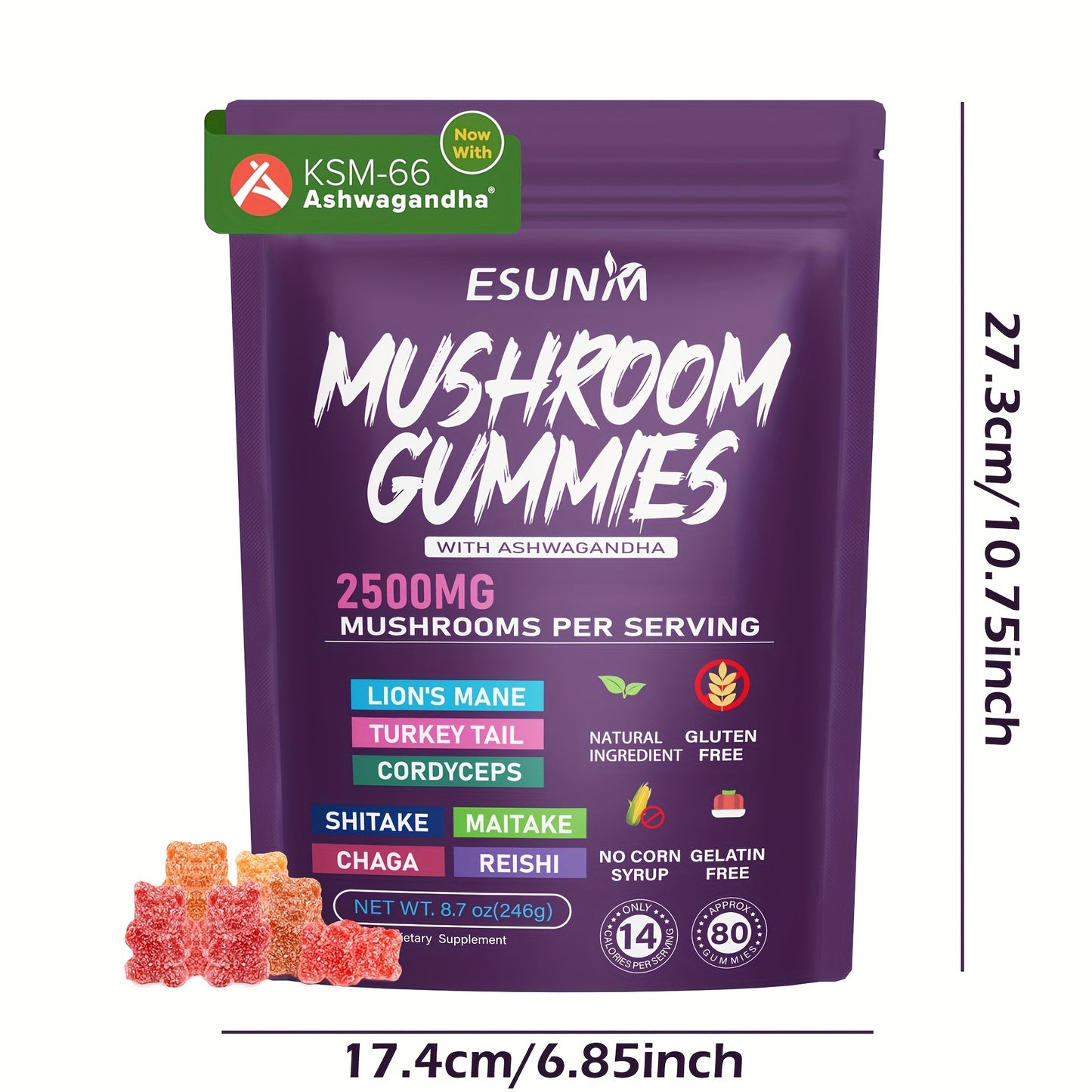 1/2/3/4 Bags of Lion's Mane Mushroom Gummies, Ashwagandha Gummies - Contains Ganoderma, Cordyceps, Turkey Tail, Dancer's Mushroom, Shiitake and Bupleurum, Low Carb, 80 Gummies per Bag, ESUNM