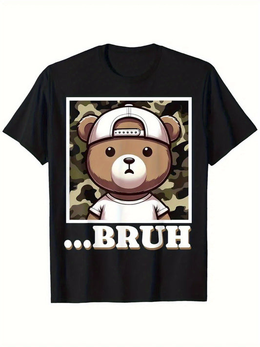 Camo Bruh Meme Hip Hop Teddy Bear Fun Teen, Men'S Black Casual Comfortable T-shirt, Summer, 100% Cotton