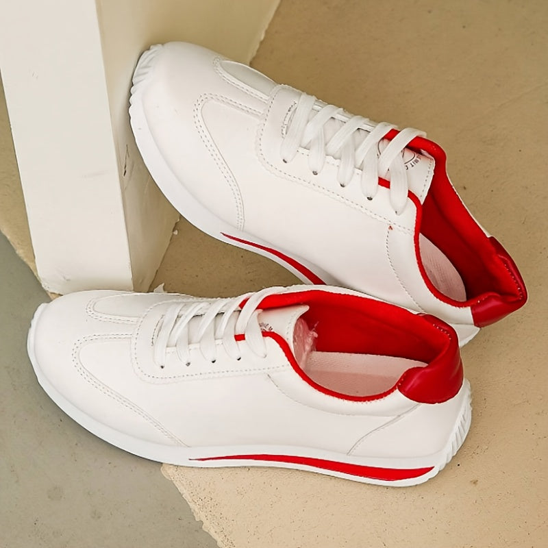 Women's Sneakers, Lace-Up Low-Top with Arch & Cushioned EVA Foam, -like Texture, White & Red Glossy Accent, All-Season Casual & Light Sports Shoes, Stylish White with Red Trim, White/Pink/Black Color Options, Korean Fashion-I