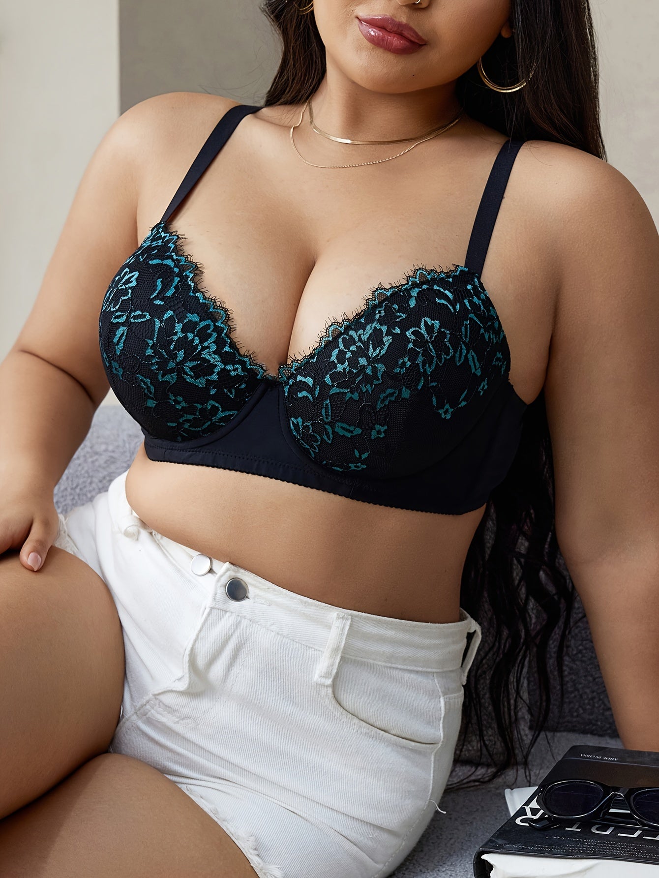 [Print Lace Bra, Confident Curvy] Plus Size Print Lace Bra - Non-Removable Chest Pad, Knit Fabric - Perfect For Confident Curvy Women