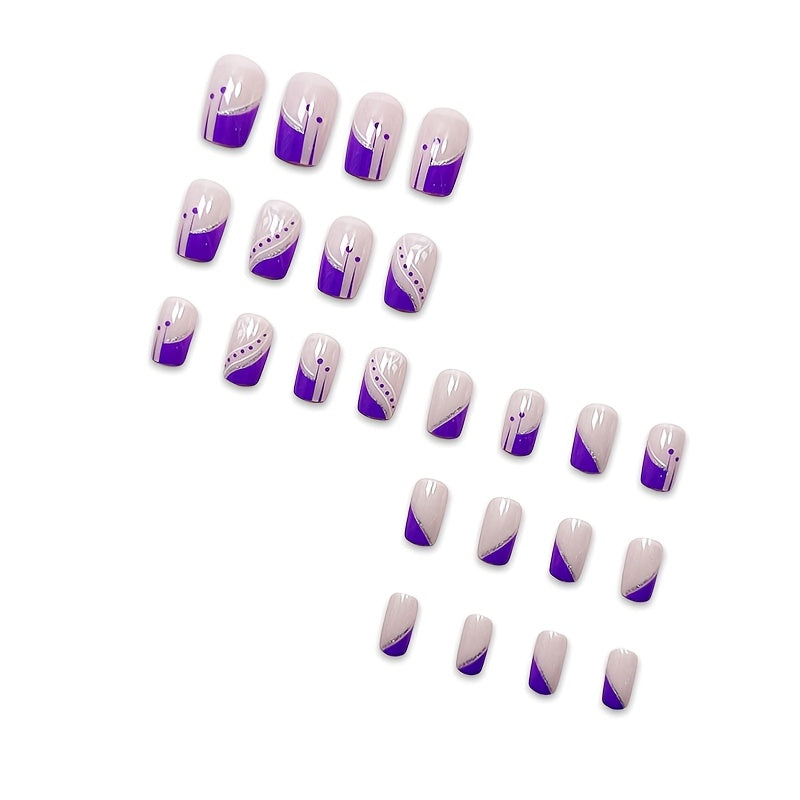 24pcs Elegant French Style Purple Tone Medium Length Square Nail Set, Glossy Finish, with Golden and Silvery Accents, Floral and Geometric Patterns, for Daily Wear and Special Occasions