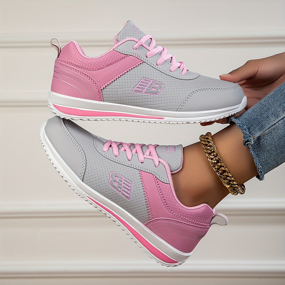 Women's Grey & Pink Low-Top Sneakers - Breathable Lace-Up Casual & Sneakers with Cushioned Sole, All-Season Soft Sole for Running, Gym, Casual Attire - Grey/Pink  Upper & Tapered Toe Design (Hand Washable)