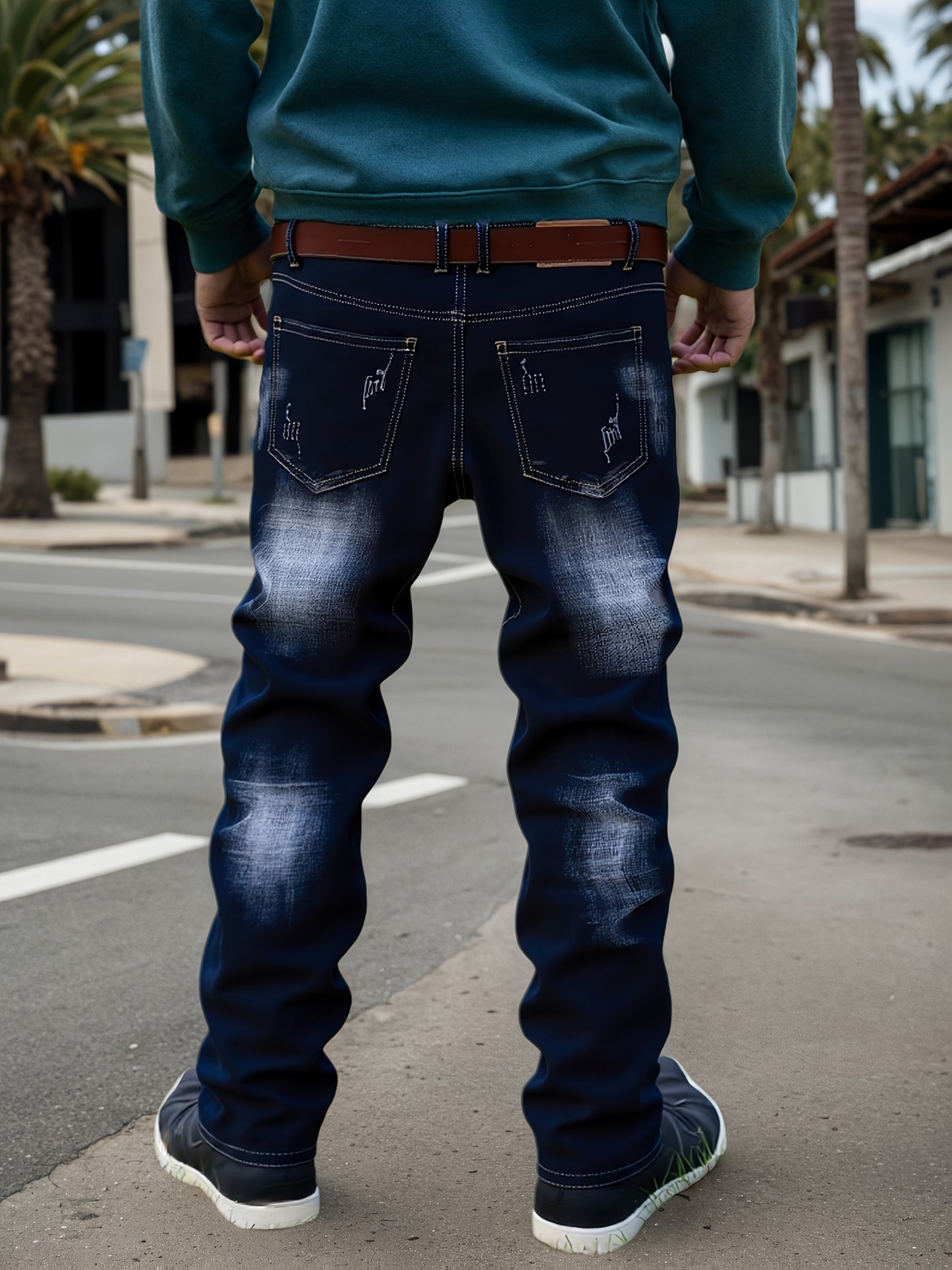 2025 New Men'S Slim-Fit Straight Leg Faux Denim - Stretch Soft Faux Denim Pants with Elastic Waist & Built-In Zipper Closure, All-Season Comfort, Classic Blue Washed Casual Trousers for Casual Attire, Office & Semi-Formal Out