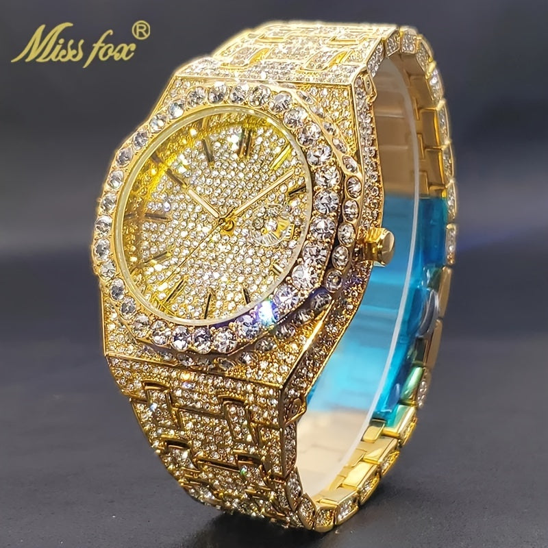 Hip Hop Ice Rhinestone Watch Men'S Fashion Date Quartz Large Dial Night Light Watch Luxury Stainless Steel Party Jewelry Men'S Watch