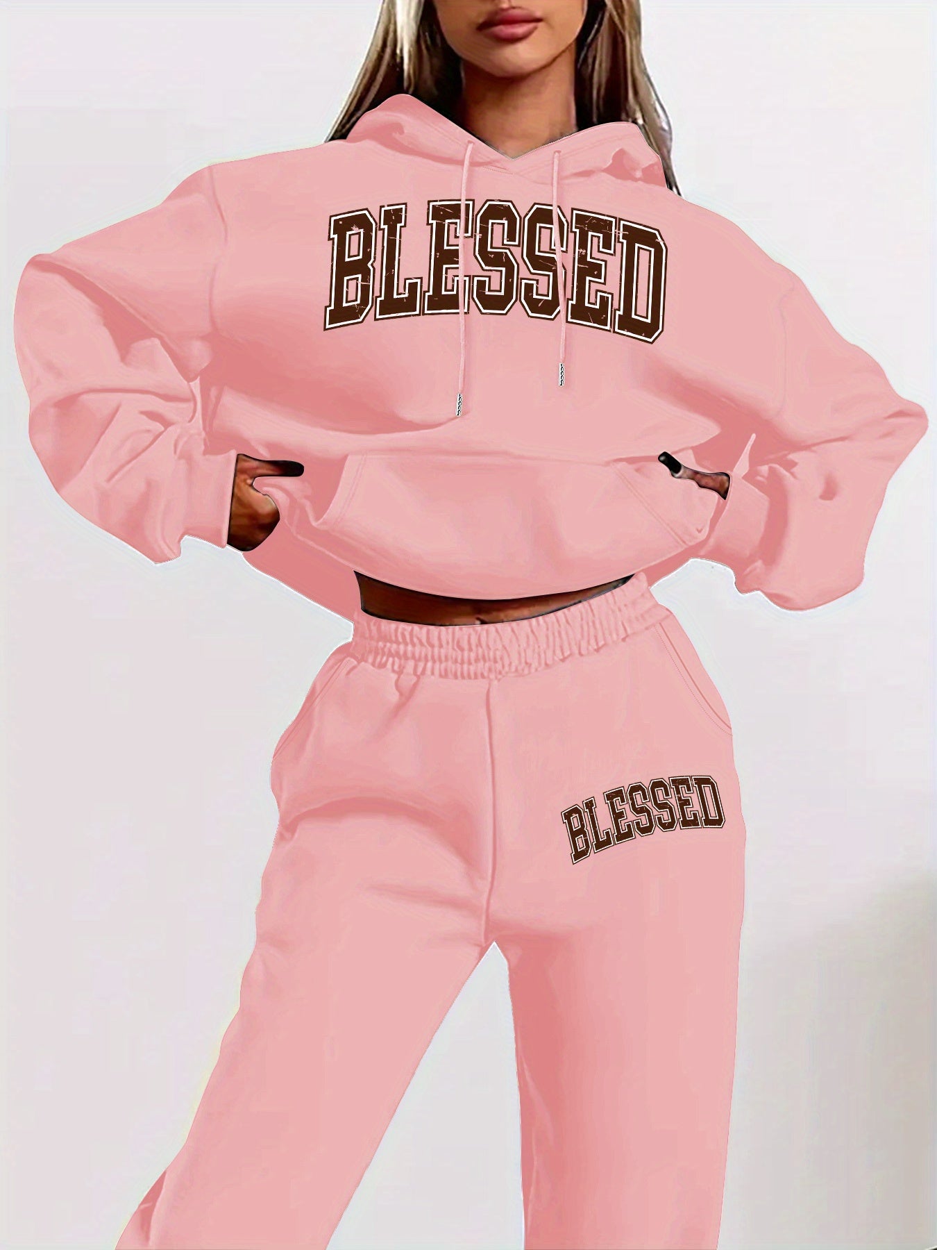 Women'S Casual Two-Piece Set - "Blessed" Print Hoodie & Sweatpants, Cozy Fall/Winter Outfit with Drawstring Waist, Long Sleeve Pullover & Joggers, Casual Wear, |casual Style|drawstring Waistband, Sweater Set