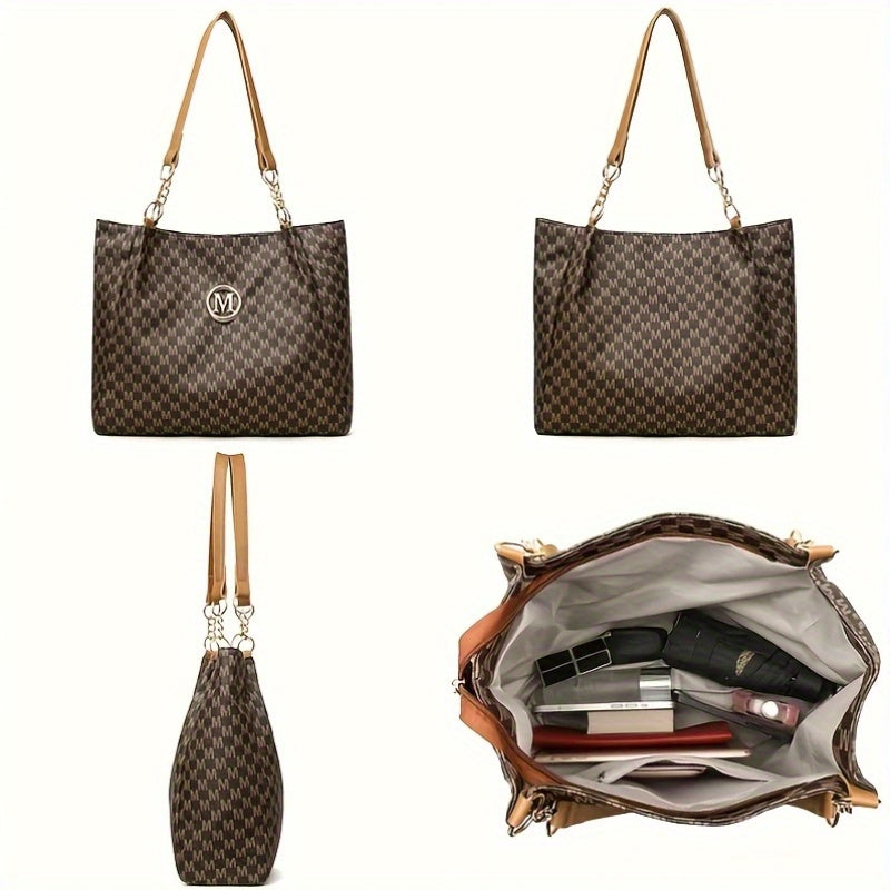 Perfect Lily "M" Logo Tote Bag - Elegant Black & White Checkered Shoulder Bag with Golden Hardware, Large Capacity for Daily Commute, Shopping, Travel - Ideal Gift for Women, Commute Bag|Checkered Pattern Bag|Durable Zippers,