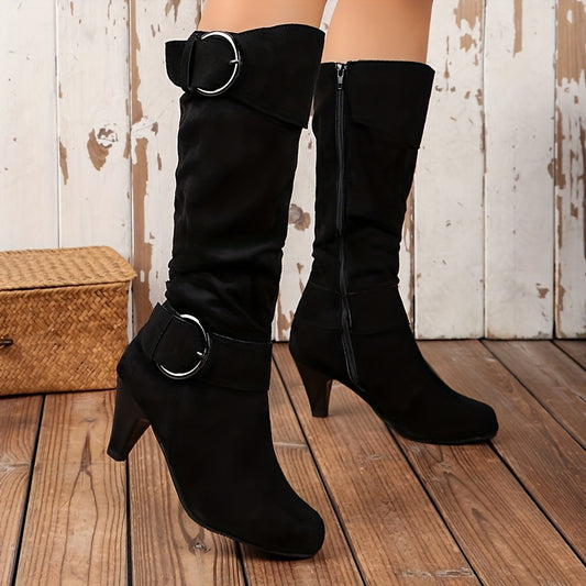 Chic Women's Mid-Calf Boots with Stiletto Heel - Side Zipper, Comfortable Fabric Lining, Rubber Sole - Perfect for Casual Outings