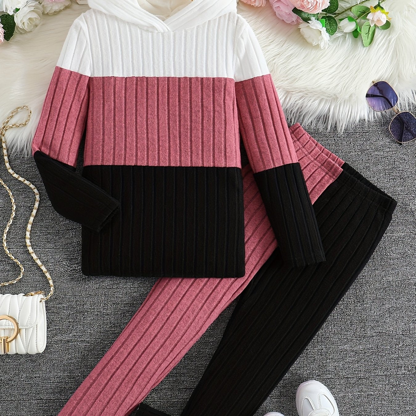 ' Two-Piece Striped Hooded Sweater Set | Long Sleeve Top and Long Trousers with Slight Stretch Fabric for Casual Wear, for Outdoor, Knit