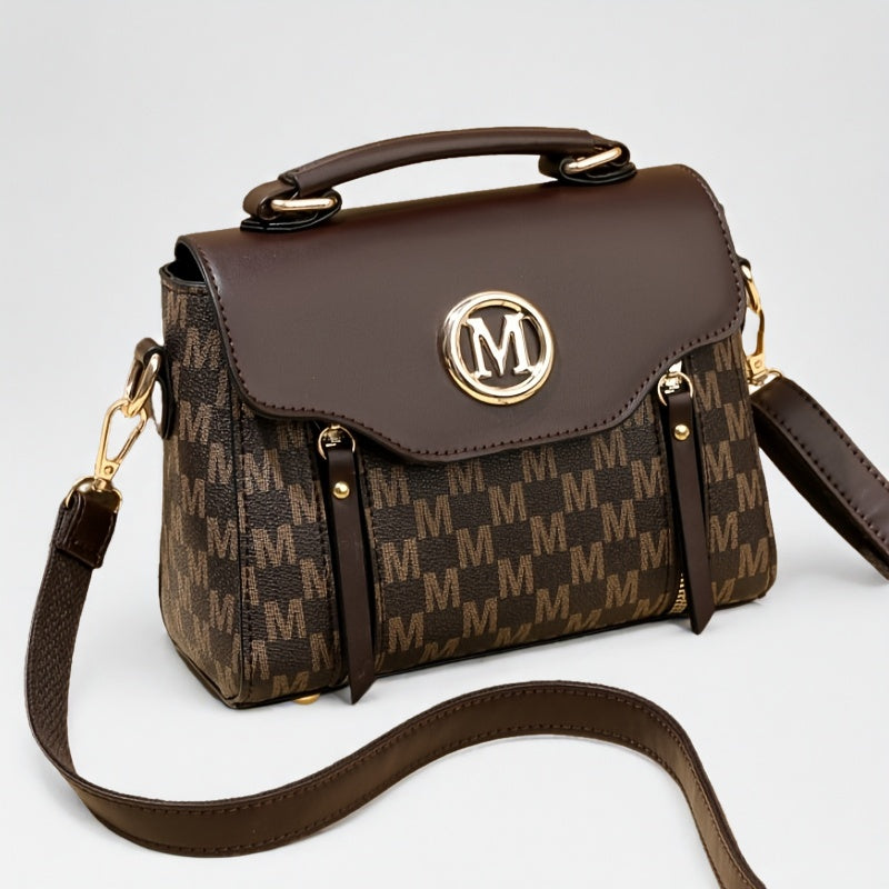 Vintage Geometric Women's Handbag - Large Capacity PU Shoulder Bag with Golden-Tone Hardware, Herringbone Pattern & Letter "M" Design, Detachable Strap, Perfect for Everyday Use (Light Brown/White/Black)