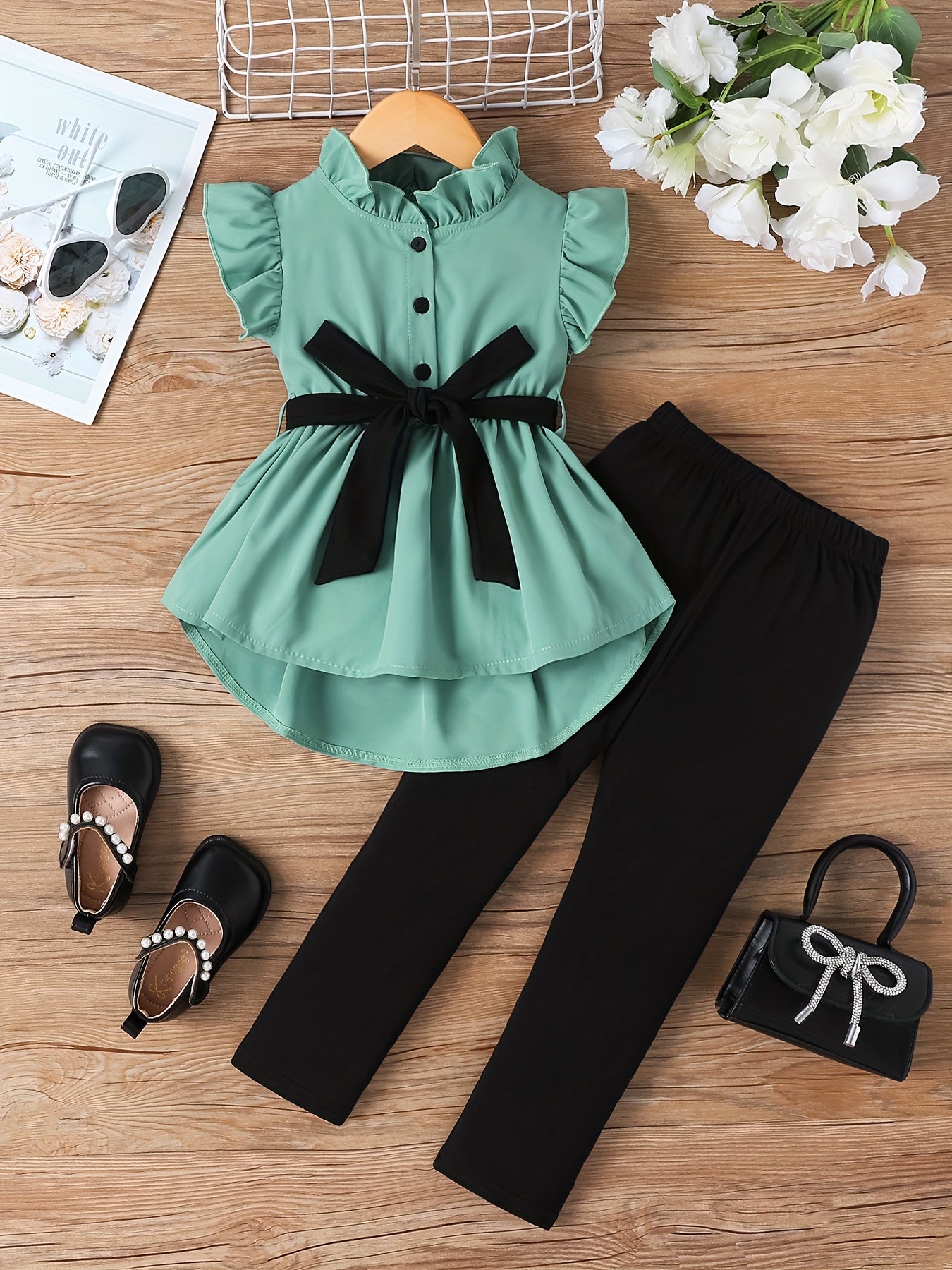 Outdoor Two-Piece Set for Girls, Fashionable Spring/Summer Contrast Belt Flutter Sleeve Half Cardigan with Tie-Waist and Peplum Backless Top + Long Pants, Perfect for Outdoor