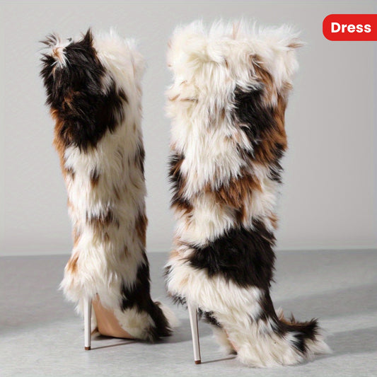 Women'S Faux Fur Knee-High Boots with Kitten Heel - Furry Fluffy Pointed Toe Winter Comfy Plush Warm Boots