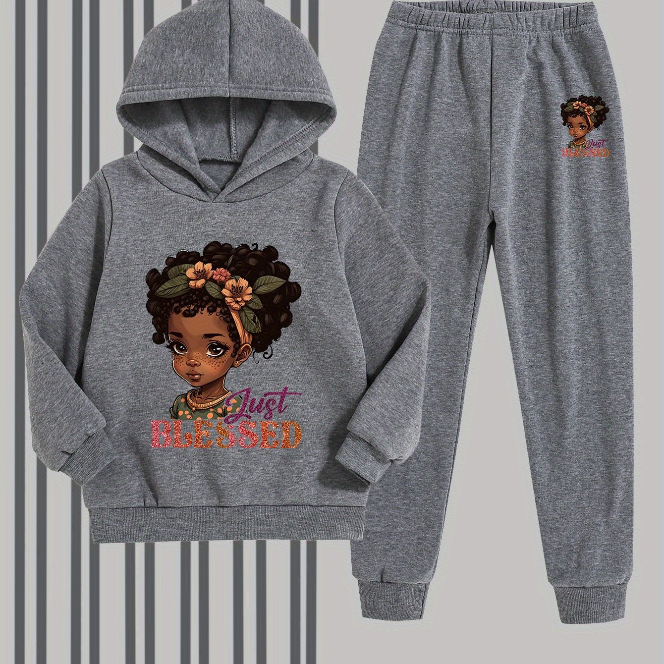 Girls' Fashion Hooded Sweatshirt and Pants Set, Creative Design with Cute Cartoon Prints, Comfortable Soft Polyester for Autumn/Winter Warmth, Perfect for Outdoor