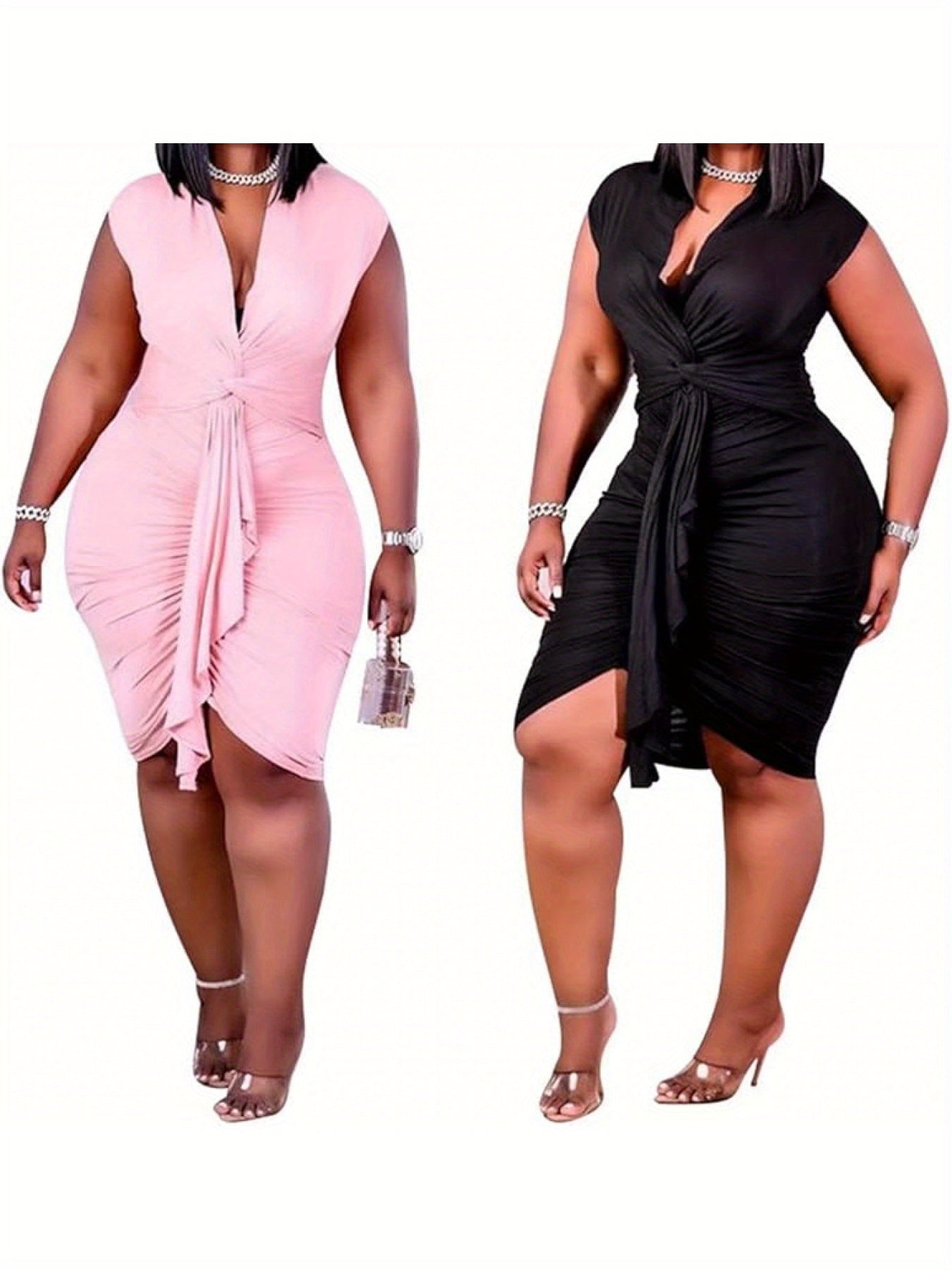 Plus Size Women's Bodycon Mini Dress - Sleeveless V-Neck Ruched Waist with Adjustable Drawstring, Stretchy Polyester-Spandex Blend, Sexy Elegant Clubwear for Parties & Night Out, White/Pink/Black Colors, Special Occasion Wear