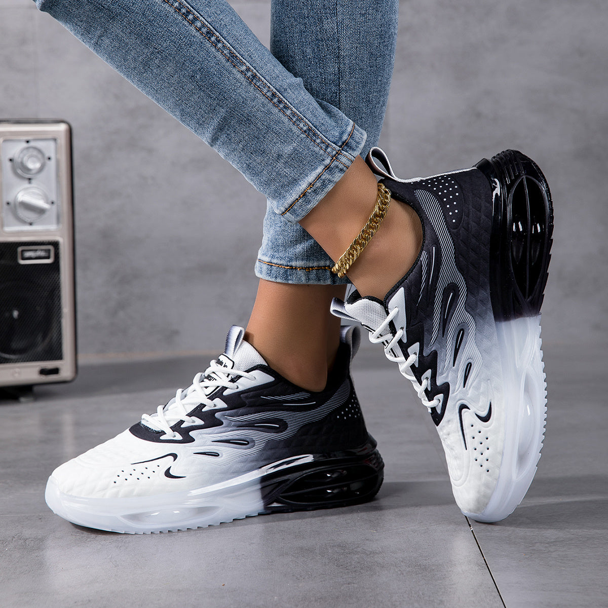 Women's Lightweight Breathable Mesh Running Shoes - Shock-Absorbing Thick Sole, Geometric Design Sport Control Sneakers with EVA Cushion & Rubber Grip, All-Season Casual Gift for Her, Comfortable Fabric Insole