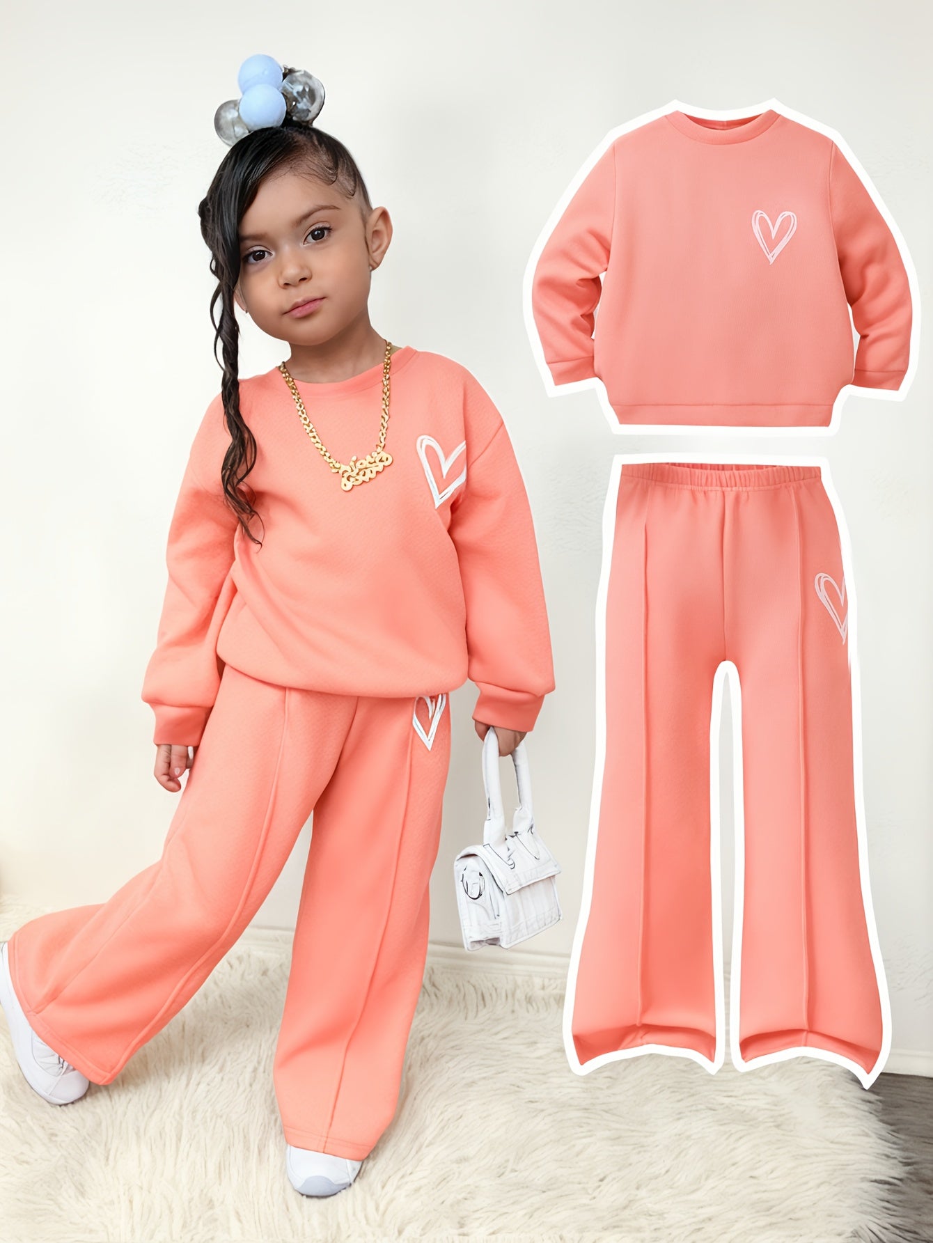 Girl'S Autumn and Winter Love Print Fleece Hoodie + Print Pants Two-Piece Set | Suitable for Outdoor Wear, Comfortable Fabric with Fleece Insulation, Casual Style, Regular Fit, Ideal Gift for Children.