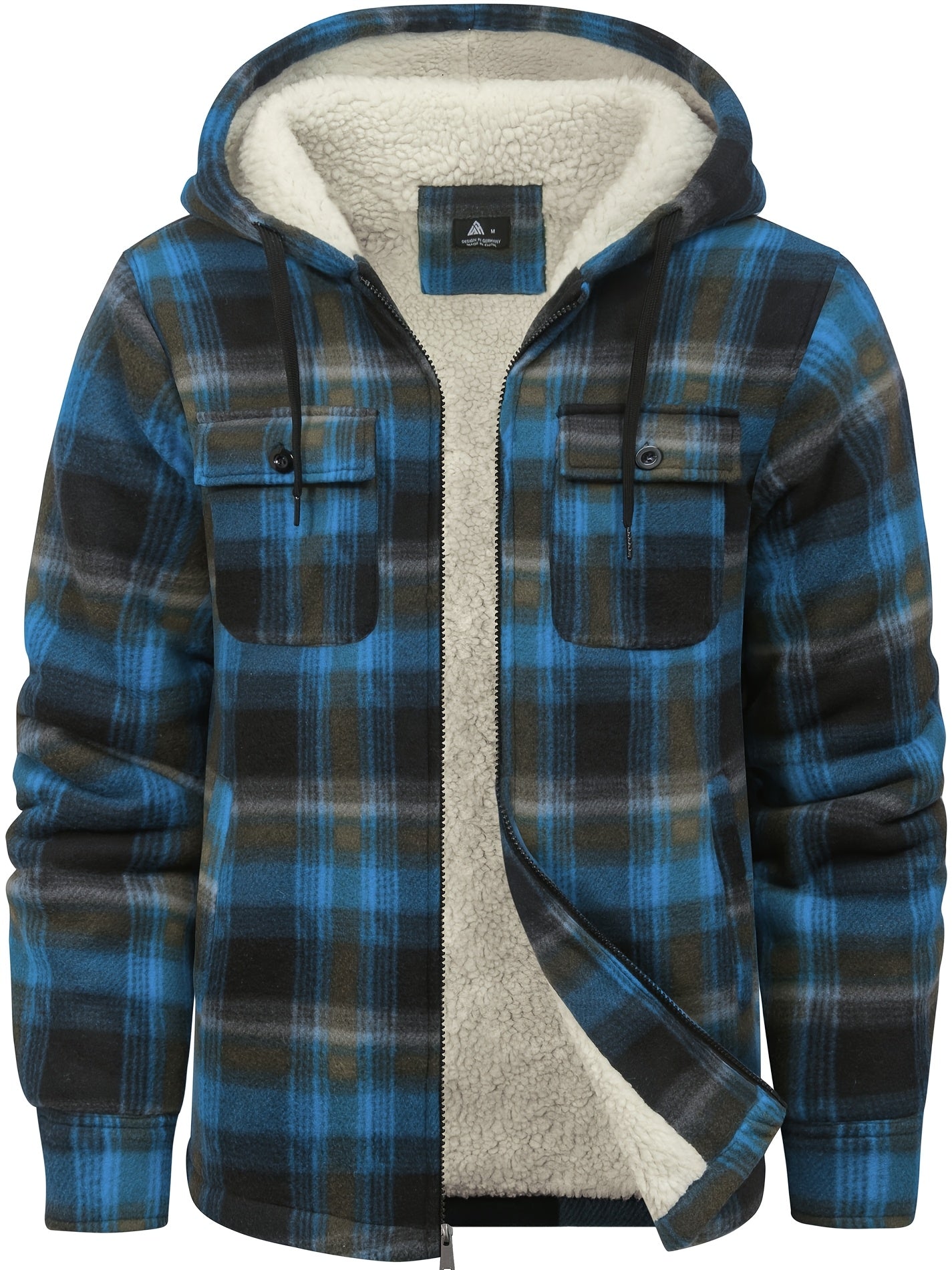 Men's Jacket, Heavyweight Hooded Sweater, Full Zip Thick Snow Mountain Lined Flannel Plaid Shirt with Pockets, Casual Style, Perfect for Autumn and Winter, Regular Fit, Hooded Collar, Plaid Pattern