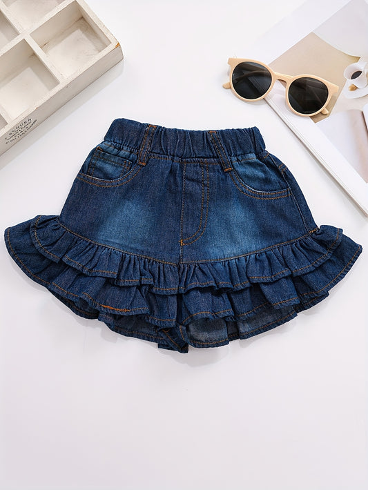Girls' Denim Shorts - Lotus Leaf Hem, Stylish and Comfortable for Casual Wear