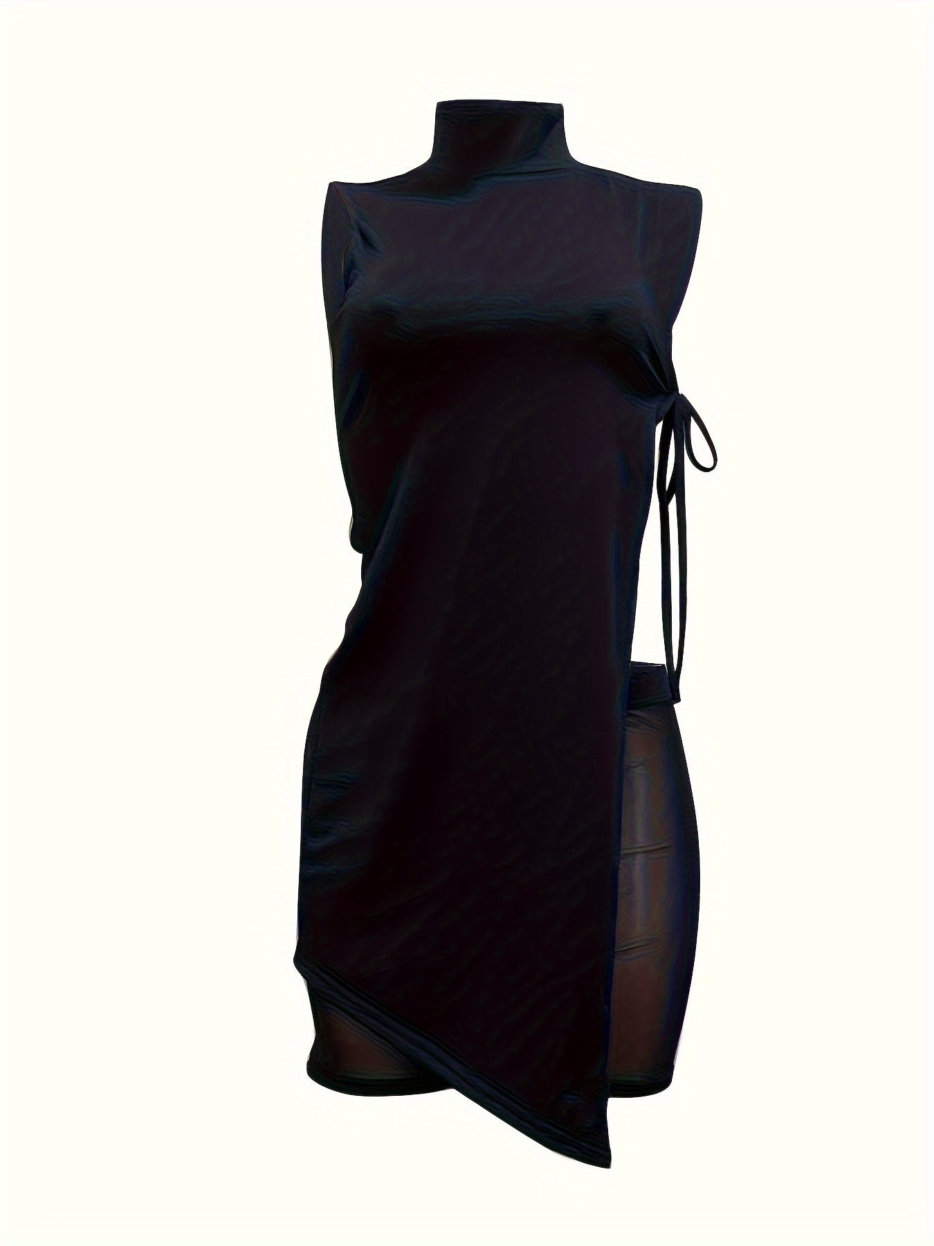 OL6107 - New Women'S Asymmetric High-Waist Mesh Shorts Set with Black Turtleneck Top, Stylish Vacation Attire, Polyester Blend, High Neck, Mesh Detail, Vacation Attire|Asymmetric Top|Polyester Blend